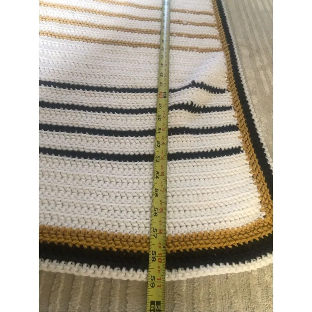 Handmade Crochet Throw Blanket White Navy Mustard Striped 34x58